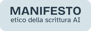 Badge del Manifesto etico della scrittura con intelligenza artificiale su fondo azzurro