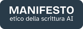 Badge del Manifesto etico della scrittura con intelligenza artificiale su fondo blu
