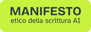 Badge del Manifesto etico della scrittura con intelligenza artificiale su fondo lime